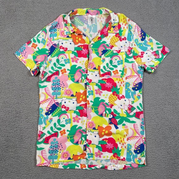 Hello Kitty Sanrio Shirt Mens L Multicolor Rayon Hawaiian Floral Cartoon Kawaii - Picture 1 of 7
